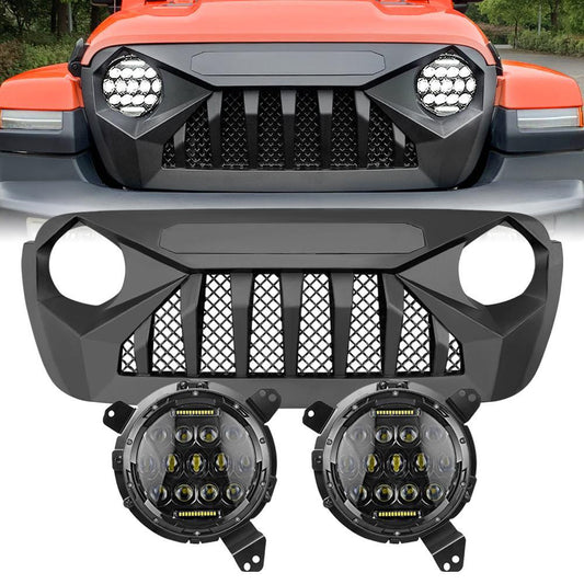 DEMON GRILLE W/ MESH & HONEYCOMB HEADLIGHTS COMBO FOR 18-23 JEEP WRANGLER JL & GLADIATOR JT