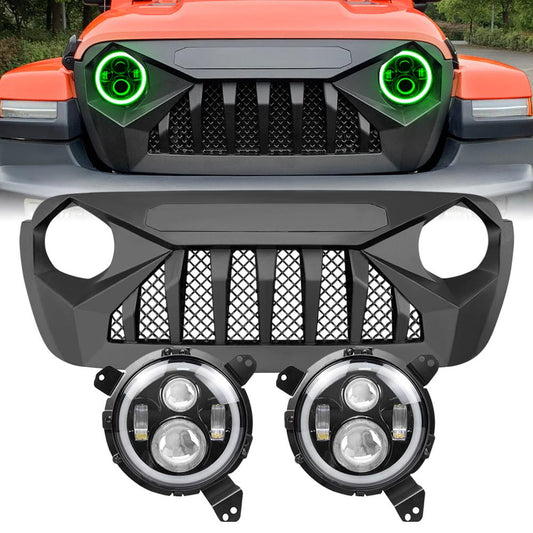 DEMON GRILLE W/ MESH & RGB HALO HEADLIGHTS COMBO FOR 18-23 WRANGLER JL