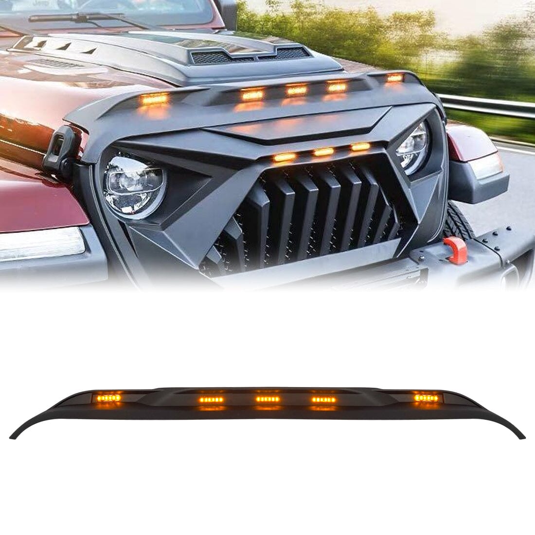 FRONT HOOD PROTECTOR STONE GUARD W/ AMBER LED LIGHTS FOR 18-23 JEEP WRANGLER JL & GLADIATOR JT