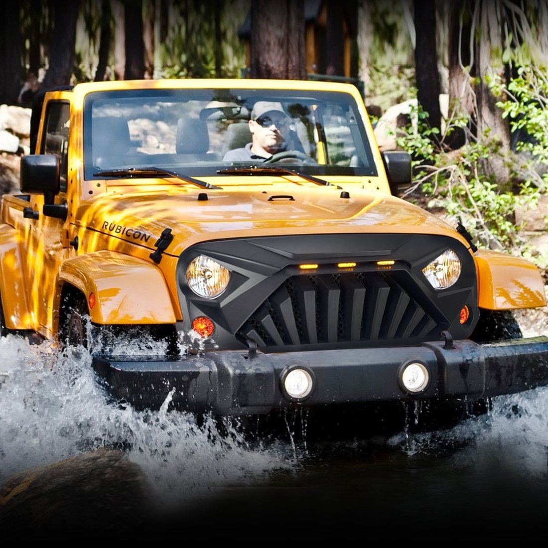 GOLIATH GRILLE W/ LED AMBER LIGHTS FOR 07-18 JEEP WRANGLER JK - MATTE BLACK