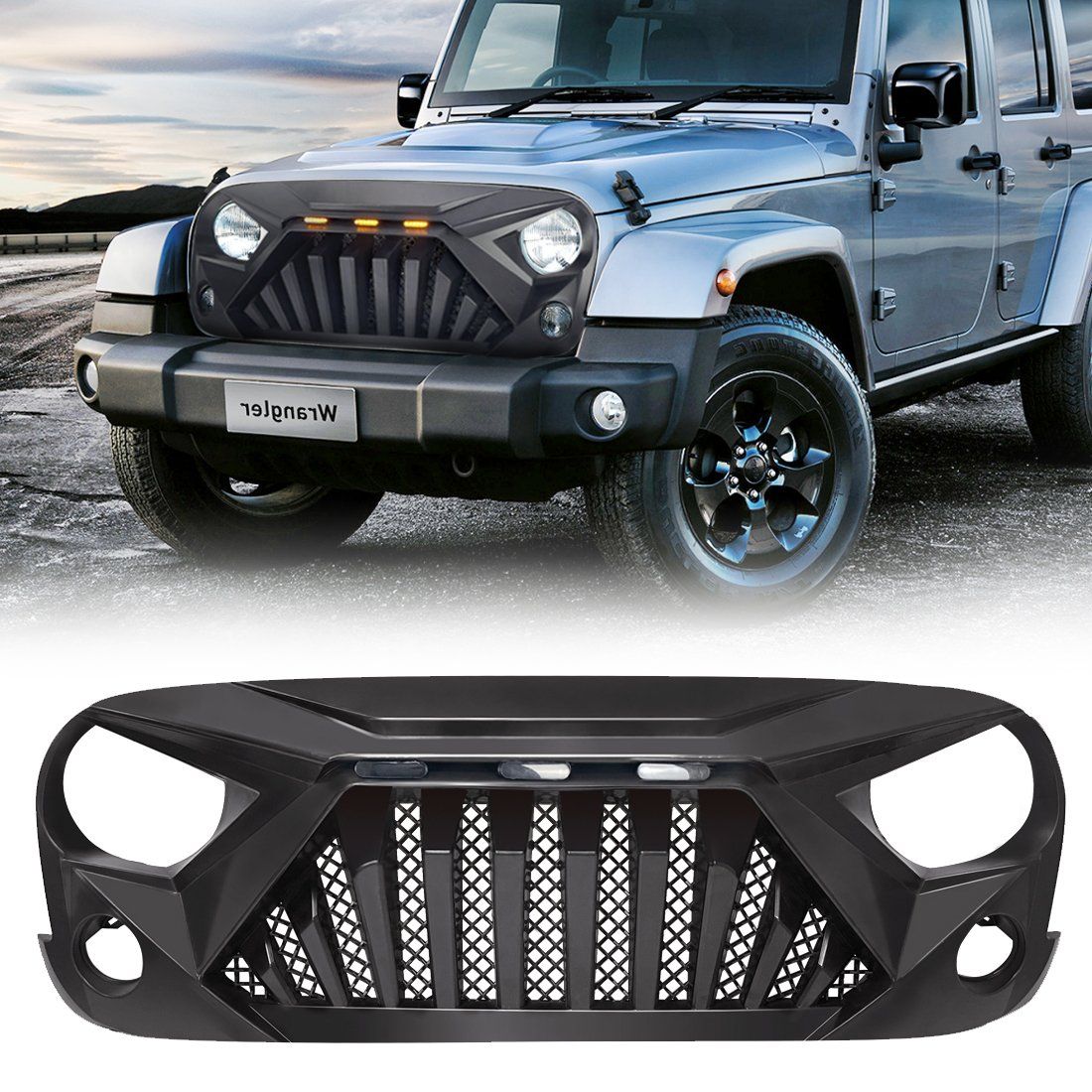 GOLIATH GRILLE W/ LED AMBER LIGHTS FOR 07-18 JEEP WRANGLER JK - MATTE BLACK