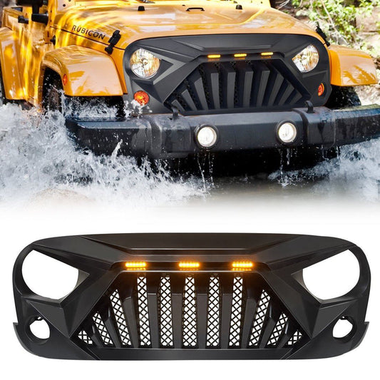 GOLIATH GRILLE W/ LED AMBER LIGHTS FOR 07-18 JEEP WRANGLER JK - MATTE BLACK