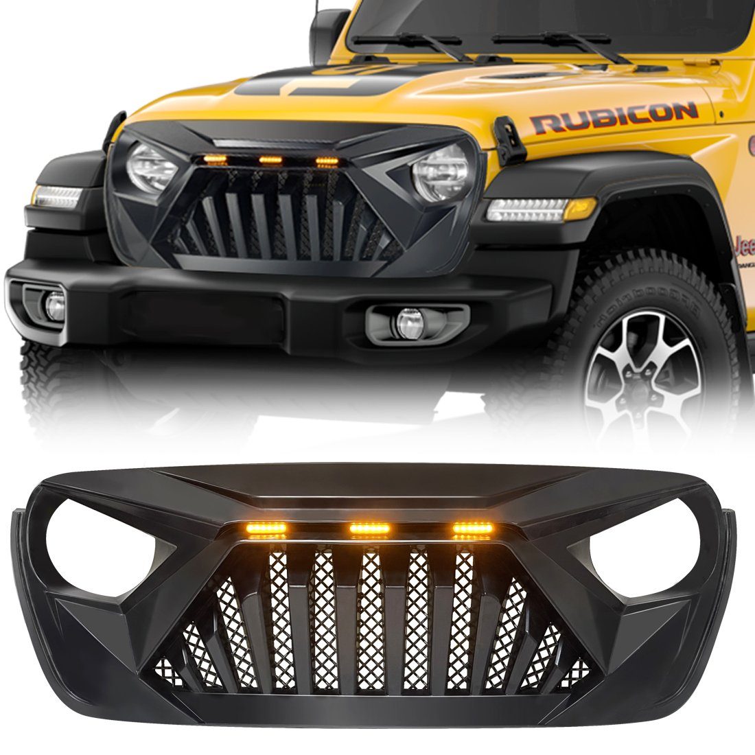 GOLIATH GRILLE W/ AMBER LED RUNNING LIGHTS FOR 18-23 JEEP WRANGLER JL & GLADIATOR JT - MATTE BLACK