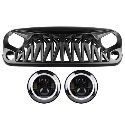 HALO HEADLIGHTS & SHARK GRILLE COMBO FOR 07-18 WRANGLER JK
