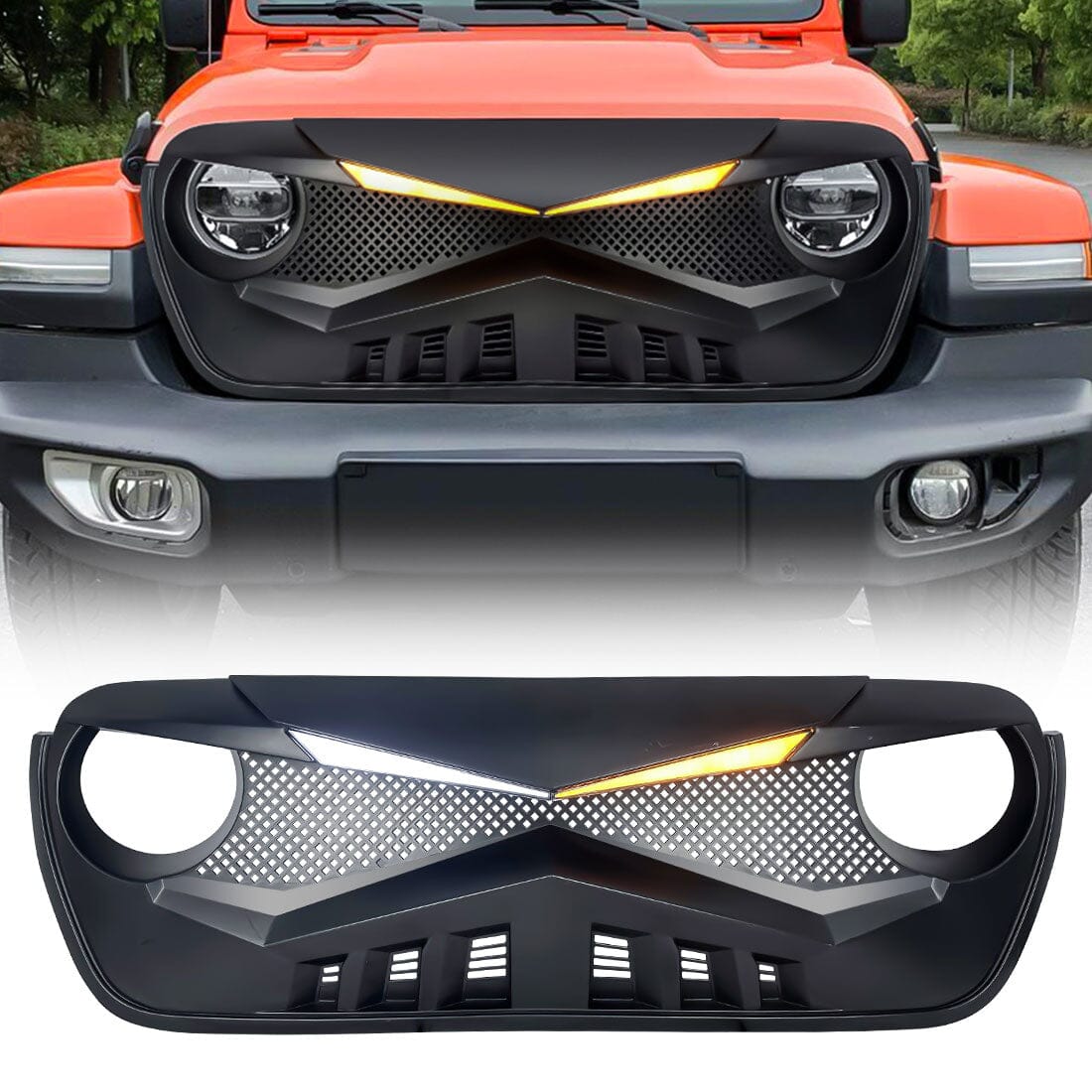 HAWKE GRILLE W/DRL TURN SIGNAL LIGHT-MATTE BLACK FOR 18-23 JEEP WRANGLER JL & GLADIATOR JT W/O TRAILCAM
