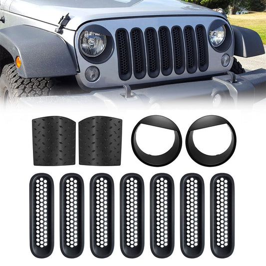 POINTER BODY ARMORS & MATTE BLACK CLIP-IN MESH GRILL INSERTS & BLACK ANGRY EYES HEAD LIGHT BEZELS COVER COMBO FOR 07-18 JEEP WRANGLER JK/JKU