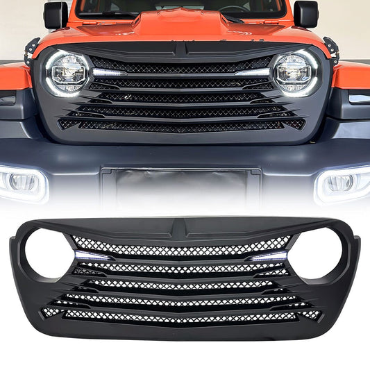 TOMAHAWK GRILLE W/DRL & TURN SIGNAL LIGHT-MATTE BLACK FOR 18-23 JEEP WRANGLER JL & GLADIATOR JT W/O TRAILCAM