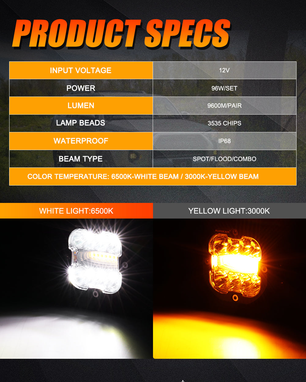 3 INCH 96W 9600LM 6 MODES LED FOG LIGHTS KIT WHITE YELLOW FLASHING FOR 2012-2022 TACOMA/ 2010-2022  4RUNNER / 2014-2022 TUNDRA