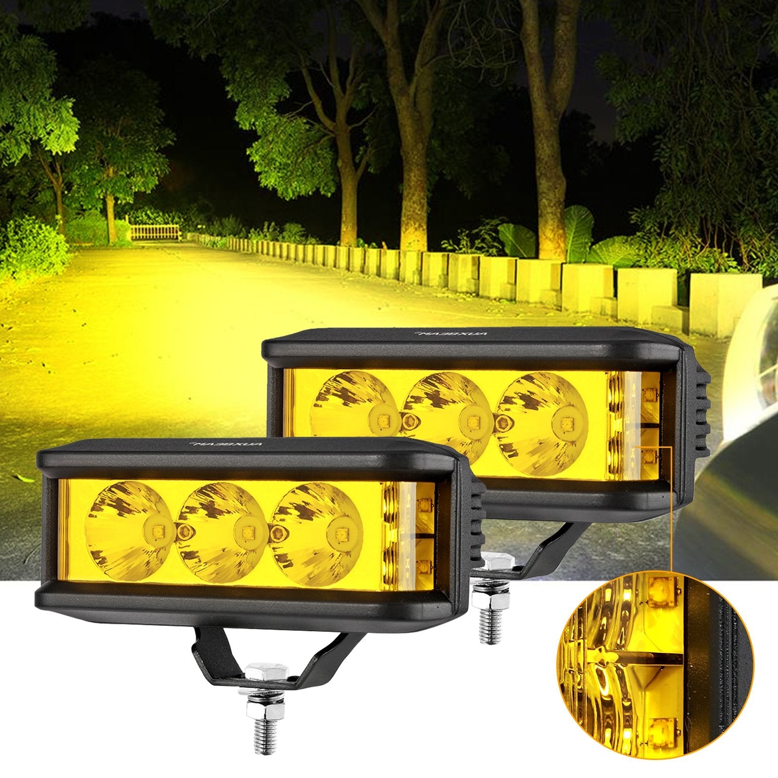 5 INCH LED LIGHT BAR SQUARE SIDE SHOOTER LED POD LIGHTS 3500K YELLOW WITH WIRING HARNESS FOR SUV ATV UTV TRUCKS PICKUP BOAT