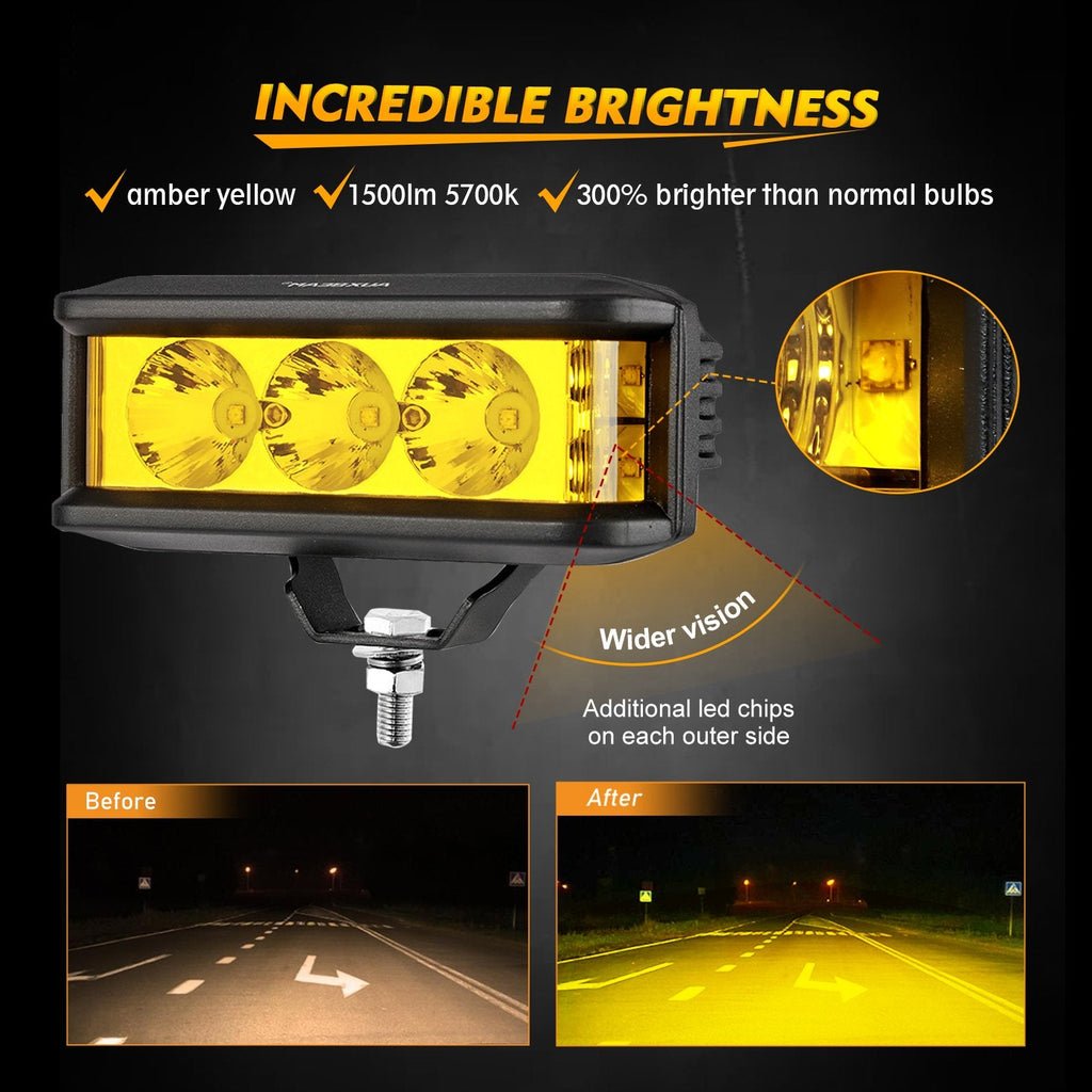 5 INCH LED LIGHT BAR SQUARE SIDE SHOOTER LED POD LIGHTS 3500K YELLOW WITH WIRING HARNESS FOR SUV ATV UTV TRUCKS PICKUP BOAT